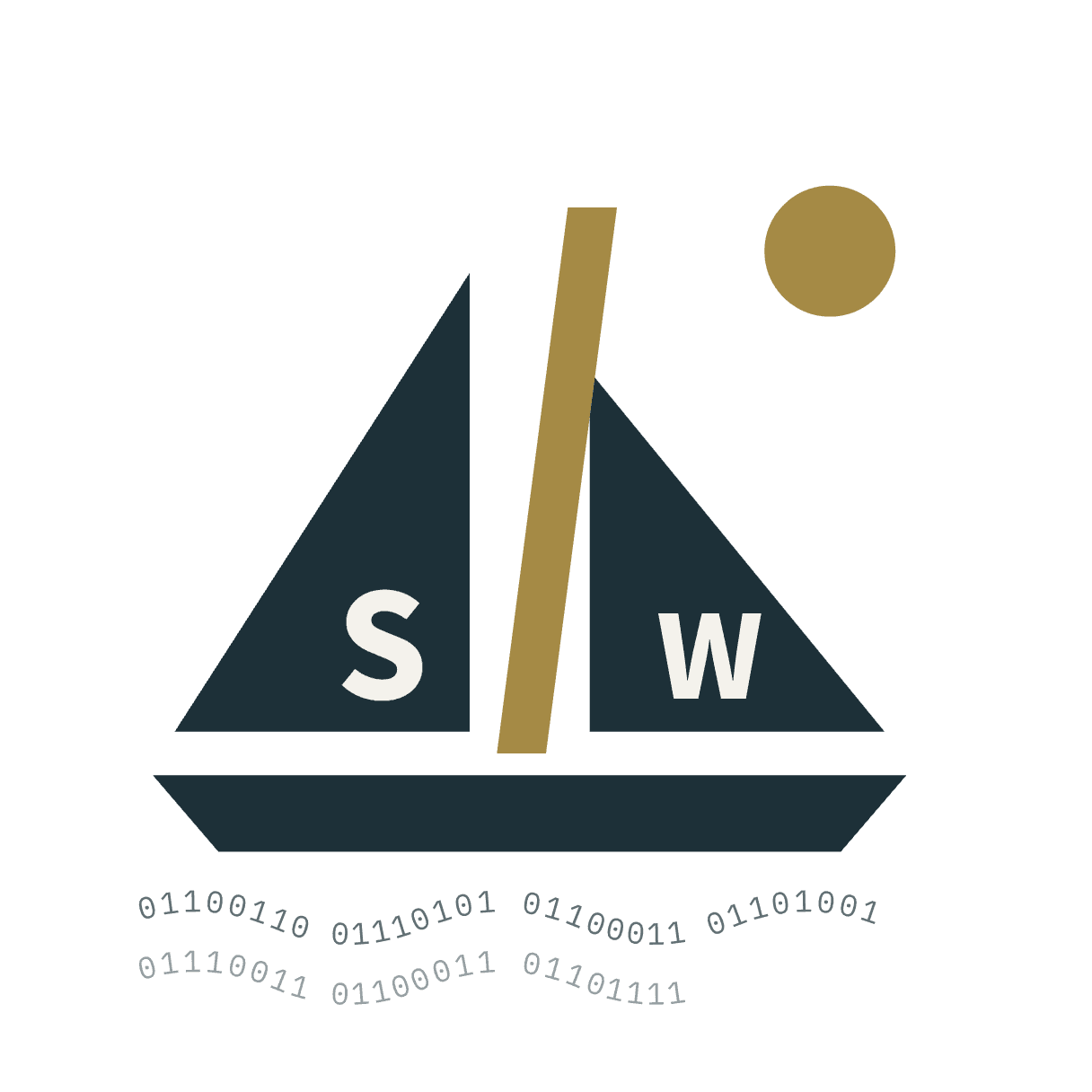 The Shipwright mark: a sailboat over a sea of ones and zeros